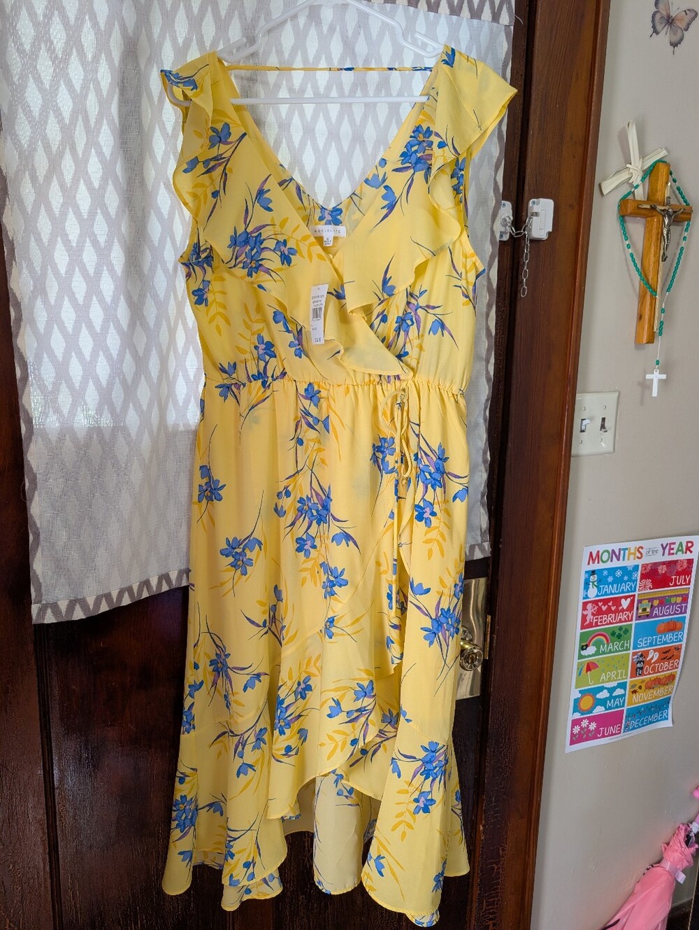 Socialite Yellow Floral High-Low Wrap Dress with Blue Blooms